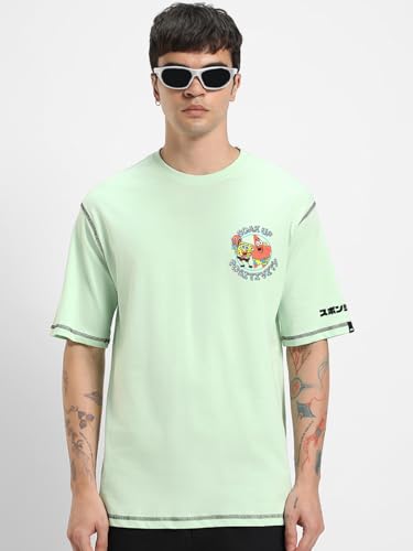 Bewakoof Official Spongebob Merchandise Mens Graphic Print Oversized Fit Half Sleeve Round Neck Cotton Jersey T-Shirt_648704_Gr