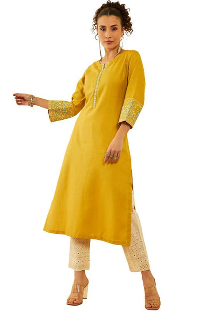 Soch Womens Mustard Silk Blend Embroidered Kurta Set With Thread Work
