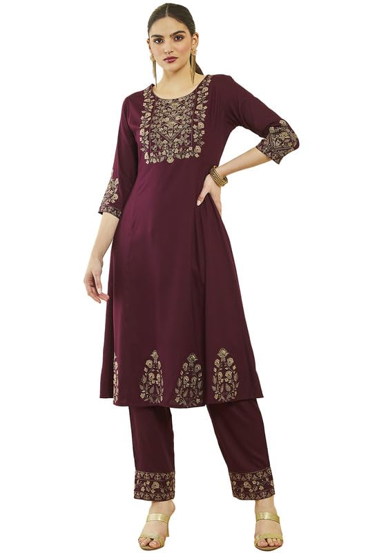 Soch Womens Wine Rayon Floral Embroidered Round-Neck Kali Kurta Sets