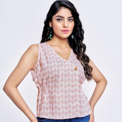 OM SAI LATEST CREATION Womens Floral Regular Fit Top (W2004_Beige