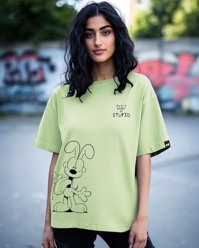 Bewakoof X Official Garfield Merchandise Womens Be Stupid Odie Graphic Printed 100% Cotton T-Shirt - Oversized Fit, Round Neck,