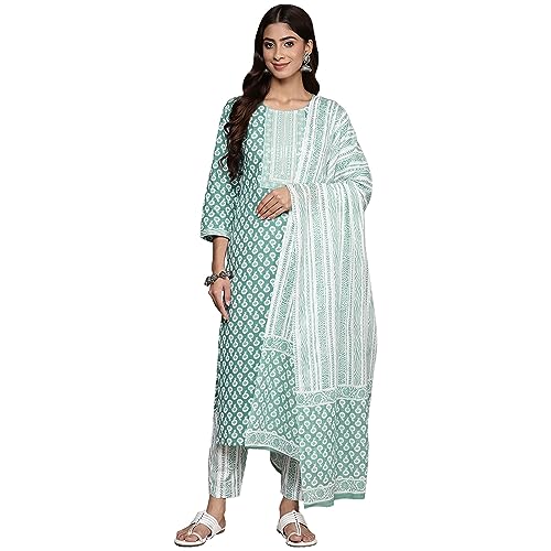 anubhutee Women's Pure Cotton Ethnic Motifs Printed Blue Kurta Suit Set with Trousers & Dupatta