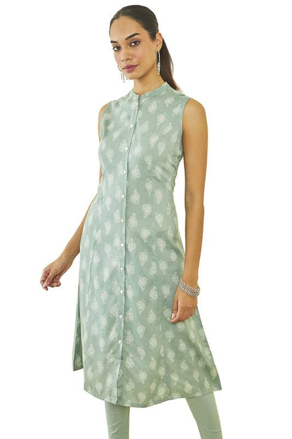 Soch Womens Green Rayon Paisley Print Sleeveless A-Line Kurta With Pocket