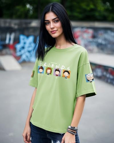 Bewakoof Official Friends Merchandise Womens Graphic Printed Oversized Half Sleeve Round Neck Cotton Jersey T-Shirt_625641_Gree