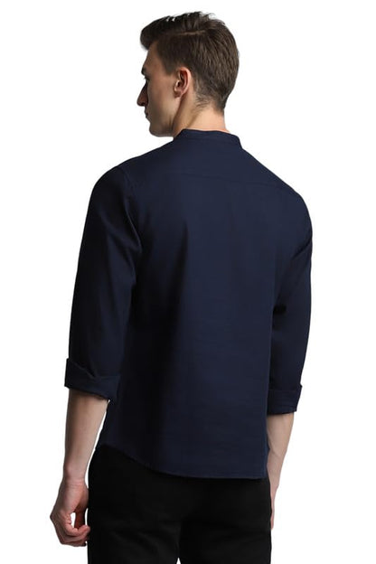 Dennis Lingo MenS Solid Slim Fit Mandarin Collar Full Sleeves Shirt Navy