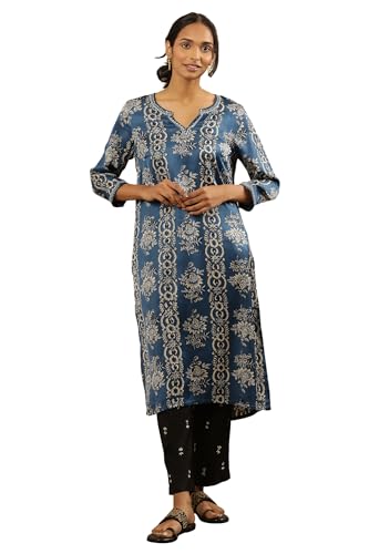 W for Woman Folksong by W Women Blue Festive Floral Print Viscose Straight Kurta