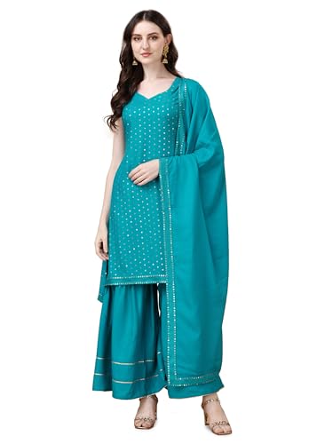 Pratham Blue Women's Viscose Rayon Straight Kurta with Palazzos and Dupatta