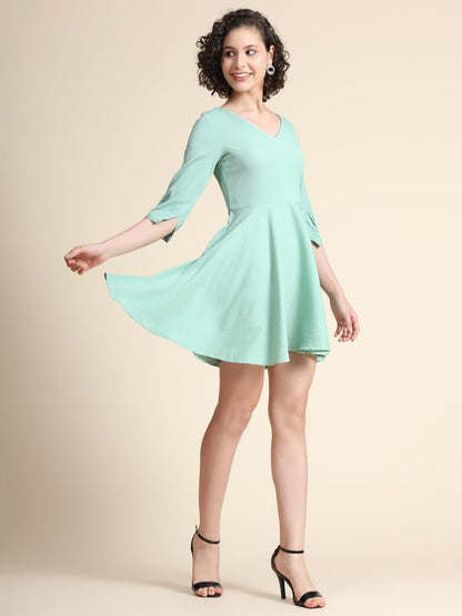 Toochki WomenS Sea Green Cotton Blend Solid Fit & Flared Western Dress | Dress For Women | A Line Dress | Winter Dress | Wester