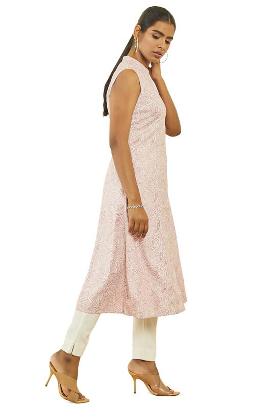 Soch Womens Pink Rayon Paisley Print A-Line Kurta With Front Button Placket
