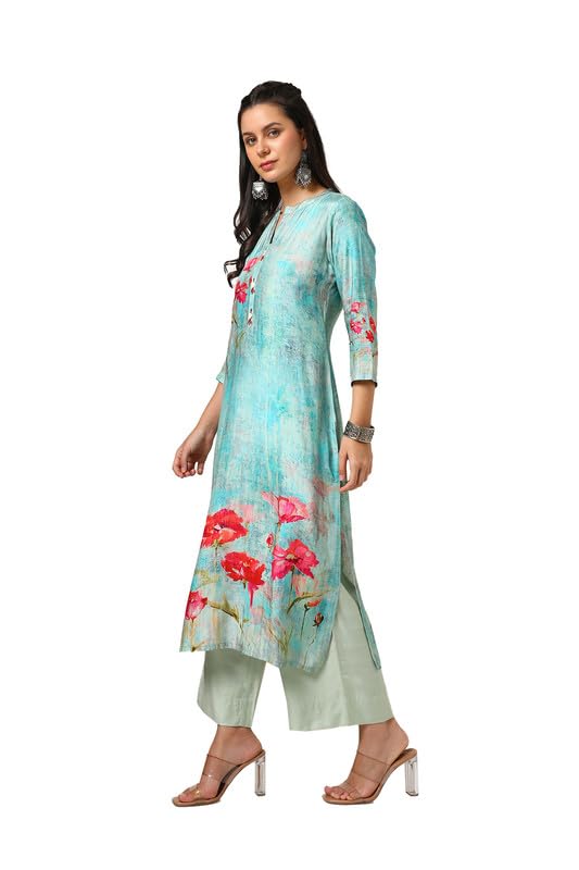 Soch Womens Turquoise Blue Viscose Muslin Floral Print Kurta With Beads
