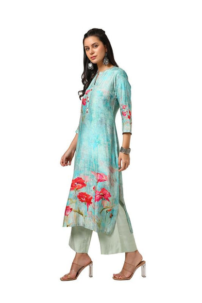Soch Womens Turquoise Blue Viscose Muslin Floral Print Kurta With Beads