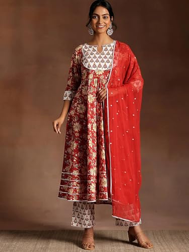 Pinkmint Womens Elegant Floral Anarkali Muslin Kurta Set& Straight Pant with Fancy Dupatta Fetive & Ethnic Suit Set Wear Red
