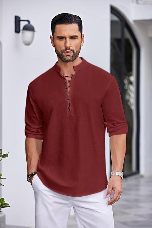 Royalscout MenS Solid Cotton Blend Straight Kurta Shirt | Regular Fit Full Sleeve Short Kurta Wine