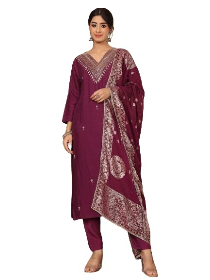 Varanga Women Pure Silk Purple Zari Embroidered Kurta with Bottom and Dupatta