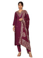Varanga Women Pure Silk Purple Zari Embroidered Kurta with Bottom and Dupatta