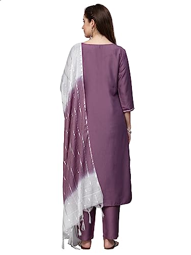 Stylum Women's Embroidered Chinnon Straight Kurta Pant Dupatta Set