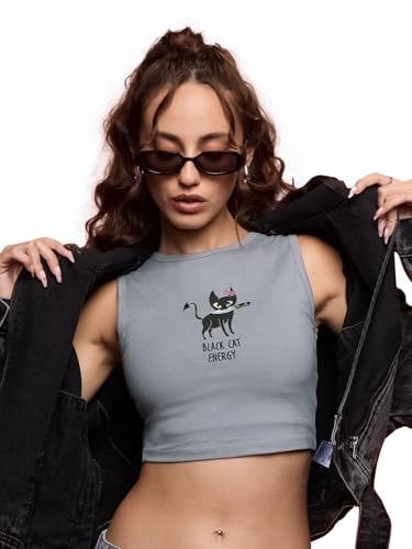 The Souled Store Tank Top: Black Cat Energy Women and Girls Round Neck Sleeveless Grey Embroidered Cotton Blend Slim Fit Tank To