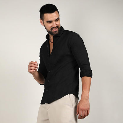 Campus Sutra Mens Onyx Black Chain-Creased Shirt for Casual Wear | Spread Collar | Long Sleeve | Button Closure | Shirt Crafted