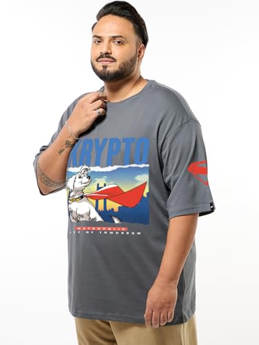 Bewakoof Official DC Merchandise Krypto Mens Graphic Print Oversized Fit Half Sleeve Round Neck Pure Cotton Plus Size T-Shirt_6