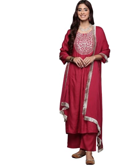 VARANGA Women Round Neck Embroidered Yoke With Gathered Detail Kurta Paired With Bottom & Dupatta