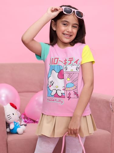 The Souled Store Official Hello Kitty: So Cute Girls Short Sleeves Round Neck Multicolor Graphic Printed Cotton T-Shirts
