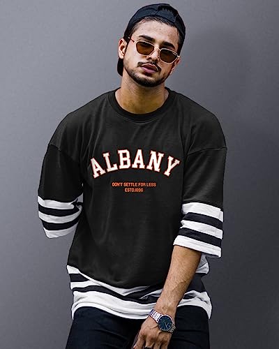 EYEBOGLER Oversized Loose Baggy Fit Drop Shooulder Half Sleeves Cotton Blend Printed T-Shirt for Men Black White