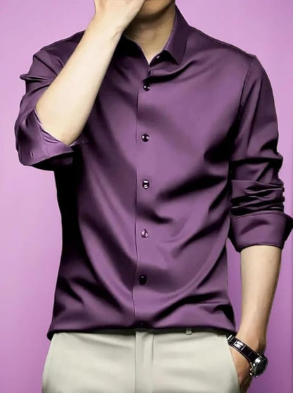 Funky Rich MenS Poly Satin Silk Solid Pattern Regular Fit Shirt With Long Sleeve Collared Neck Standard Length And Classic Styl