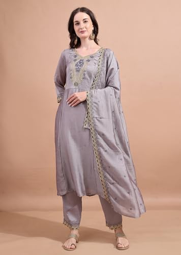 Pratham Blue WomenS Silk Embroidered Straight Kurta Palazzos With Dupatta |Kurta Set For Women |Women Kurta |Women Embroidered