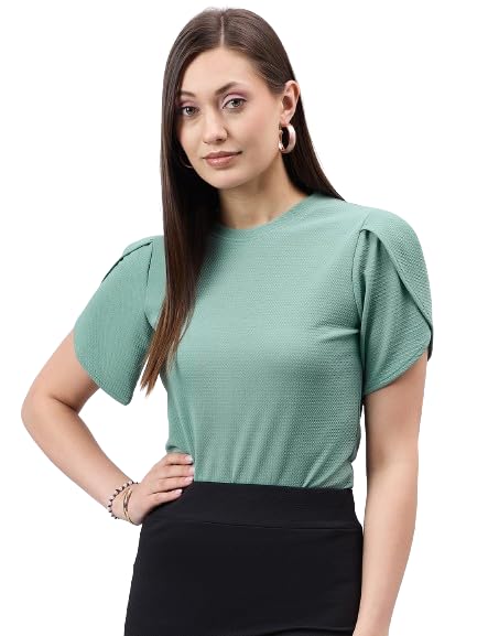 Style Quotient Women Solid Sage Green Poly Knit Smart Casual Regular Tulip Sleeve Top