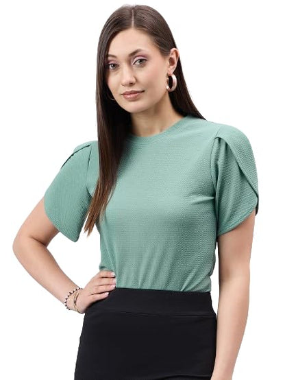 Style Quotient Women Solid Sage Green Poly Knit Smart Casual Regular Tulip Sleeve Top