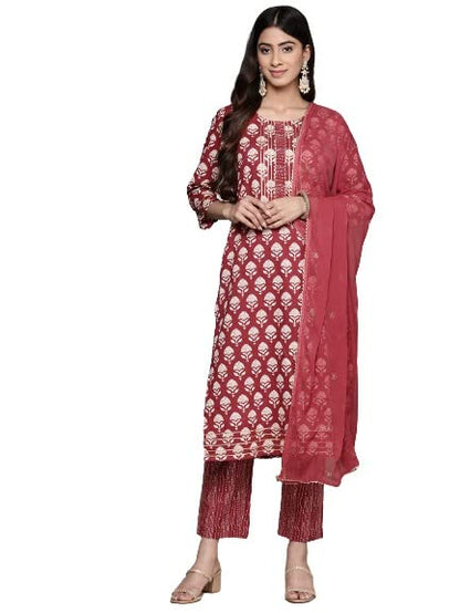 anubhutee Women's Cotton Red Gota Patti Floral Printed Straight Kurta Suit Set with Pants and Dupatta