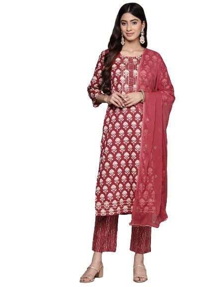 anubhutee Women's Cotton Red Gota Patti Floral Printed Straight Kurta Suit Set with Pants and Dupatta