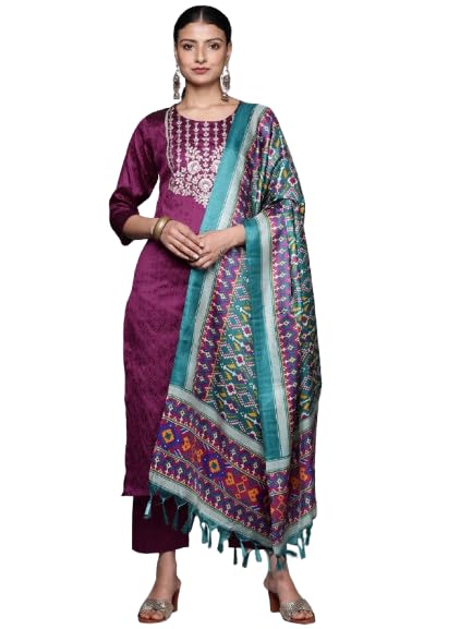 VARANGA Women Purple Embellished Yoke Kurta With Bottom And Dupatta
