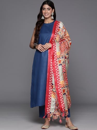 Varanga Women Navy Blue Halter Neck Solid Kurta Paired With Tonal Solid Bottom And Contrast Bhagalpuri Printed Dupatta