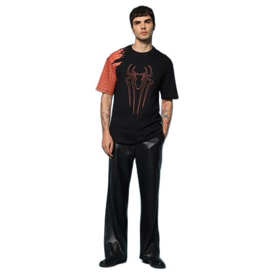 Bewakoof Mens Webbed Suit Graphic Print Cotton T-Shirt- Oversized Fit, Round Neck, Half Sleeves 580078_Black_S