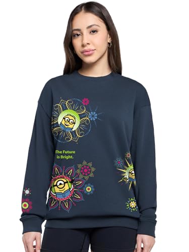 Bewakoof Official Minions Merchandise WomenS Graphic Print Oversized Fit Full Sleeve Round Neck Terry Sweatshirt_691916_Blue_Xs