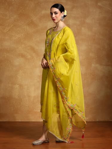 Varanga Women Floral Motif Thread Embroidered Yoke Kurta With Trouser & Dupatta