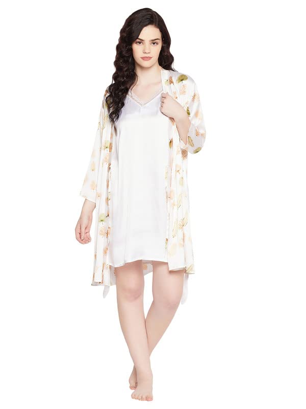 Clovia Womens Satin Chic Basic Night Dress & Leaf Print Robe Set (NS1145P18_White_XXL)