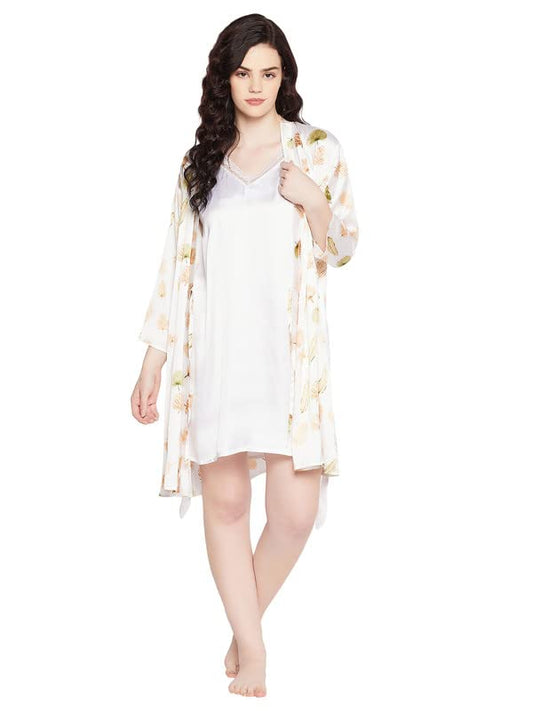 Clovia Womens Satin Chic Basic Night Dress & Leaf Print Robe Set (NS1145P18_White_XXL)