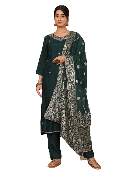 Varanga Women Pure Silk Round Neck Embroidered Kurta with Bottom and Dupatta