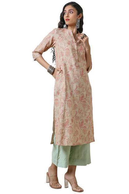 Soch Womens Beige Linen Princess Cut Ethnic Motifs Print Kurta