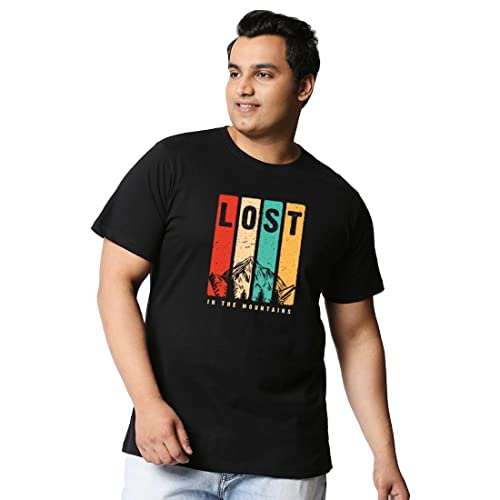 Bewakoof Plus Size Mens Lost Mountains Graphic Print Cotton T-Shirt- Regular Fit, Round Neck, Half Sleeves 472964_Black_4XL