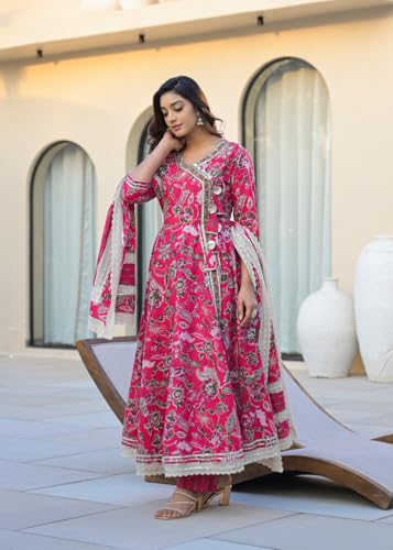 Varanga Women Ethnic Jaipuri Floral Printed Angrakha Anarkali Kurta With Trouser & Dupatta