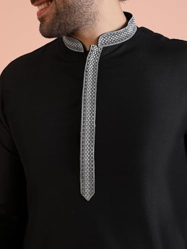Kisah Men Black Kurta, Cotton, Full Sleaves, Knee Length, Straight, Regular Fit, Mandarin Collar Ethnic Wear-40
