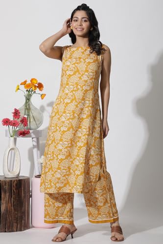 W for Woman W Women Yellow Floral Print Rayon Kurta Set With Flared Pant
