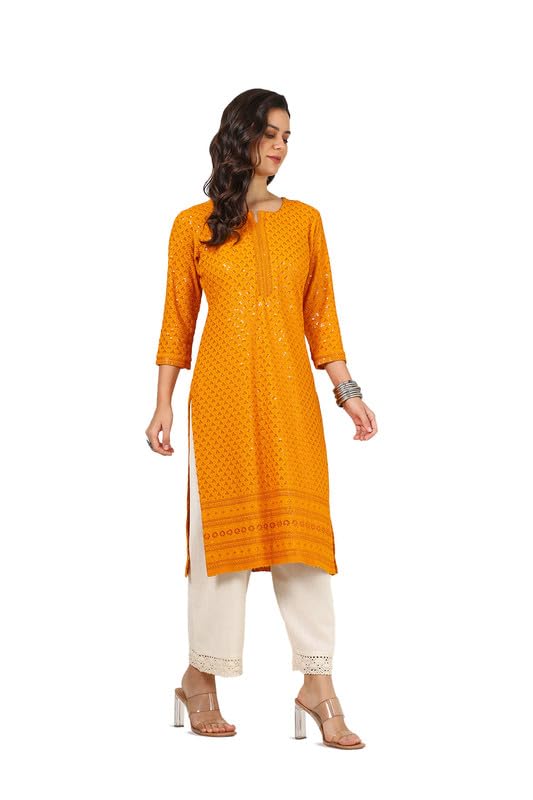 Soch Womens Mustard Rayon Embroidered Kurta With Sequence Work