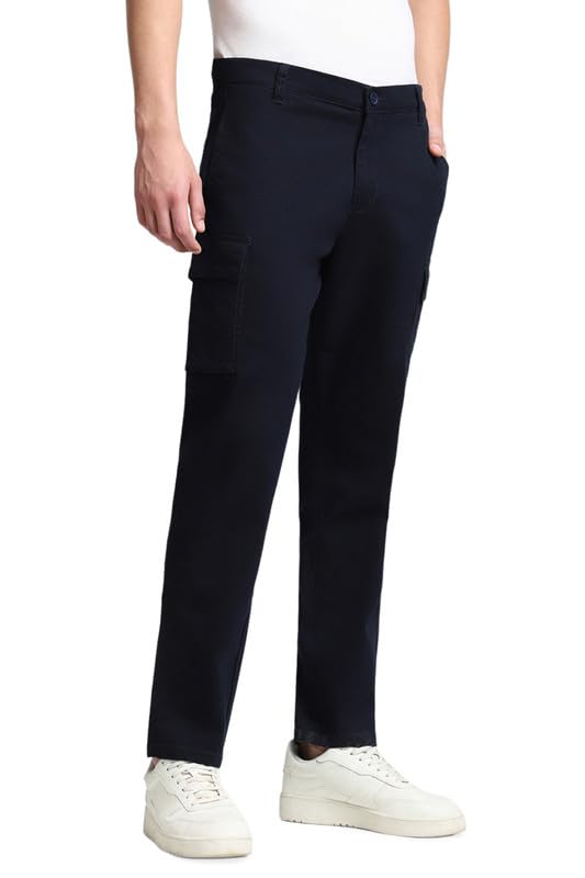 Dennis Lingo Mens Full Length Cotton Lycra Solid Slim Fit Cargo Trousers Navy
