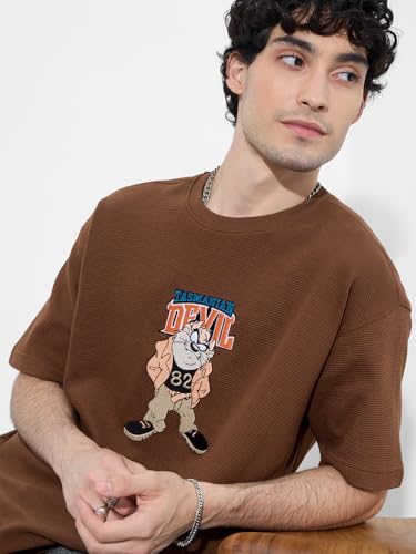 The Souled Store Looney Tunes: Taz Men and Boys Short Sleeves Round Neck Brown Embroidered Cotton Oversized T-Shirts
