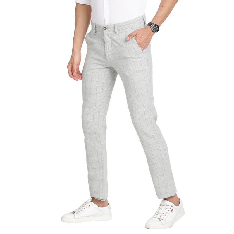 Turtle Men Cotton Linen Grey Checkered Ultra Slim Fit Flat Front Casual Trouser