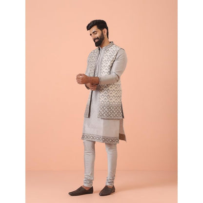 Kisah Mens Kurta Jacket Churidar Set|Silk Blend Fabric Self Design Pattern Mens Ethnic Wear|Regular Fit Mandarin Collar Long Sle